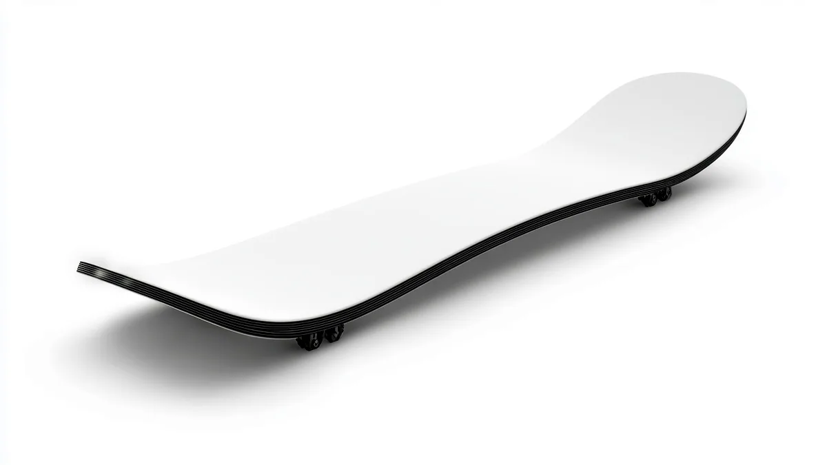 A snowboard laid flat showing its side profile, the camber and taper visible in even studio light.