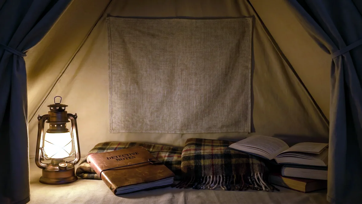 The inside of a small tent at dusk, a lantern casting warm light on rolled sleeping bags.
