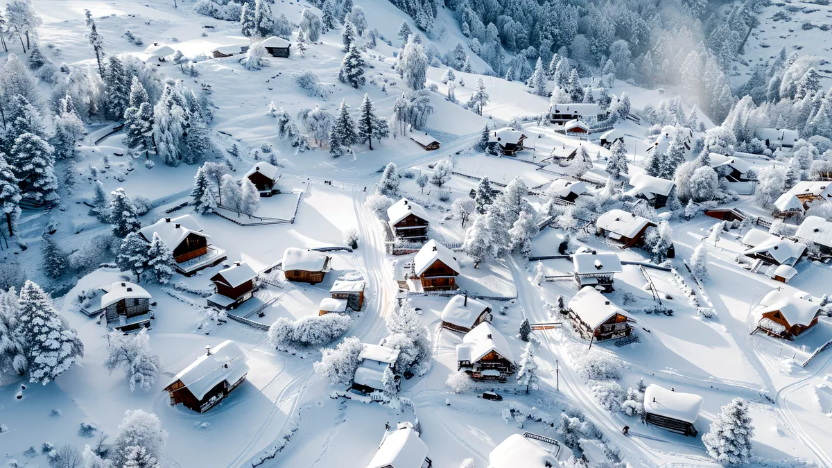 An aerial view of a small alpine village with snow-laden rooftops and a valley of pines.
