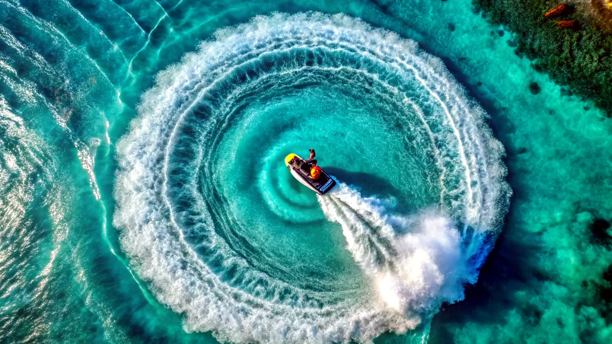 A personal watercraft idling on turquoise water, a ribbon of foam trailing behind it.