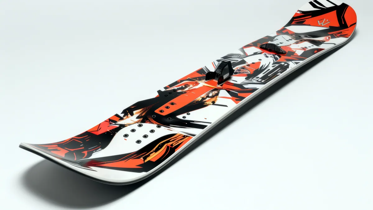 A close-up of the graphic on a snowboard top sheet, the wood grain showing through the print.