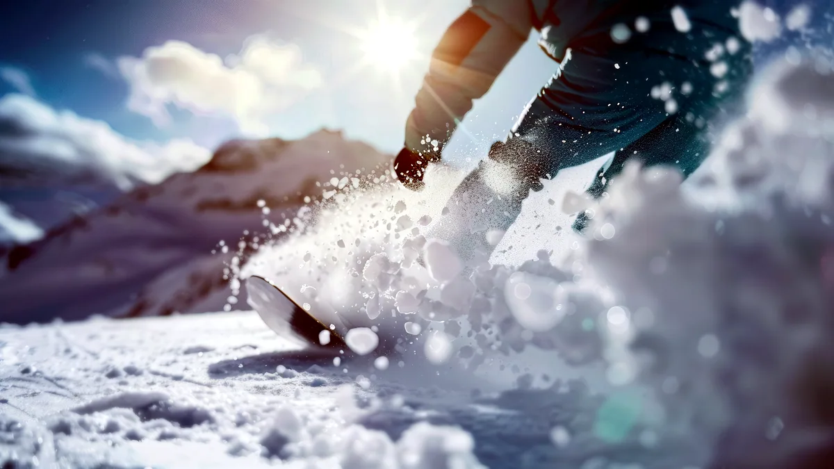 A clean carve track curving through corduroy snow, the edges of the line razor-sharp.