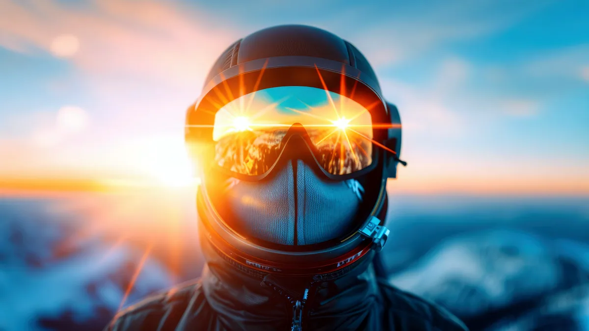 A pair of mirrored goggles lying on snow, their lens reflecting a pale blue sky.