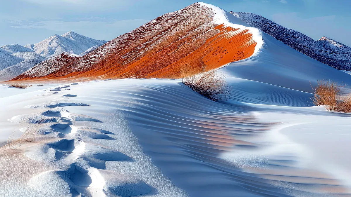 An untracked powder snowfield stretching to a line of dark mountains under a pale sky.